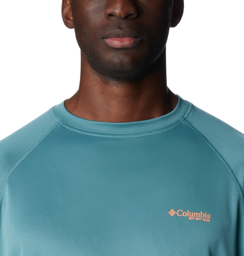 Columbia Men's Terminal Tackle Long Sleeve Fishing Shirt, Tranquil Teal/Orange Reef Logo, Large