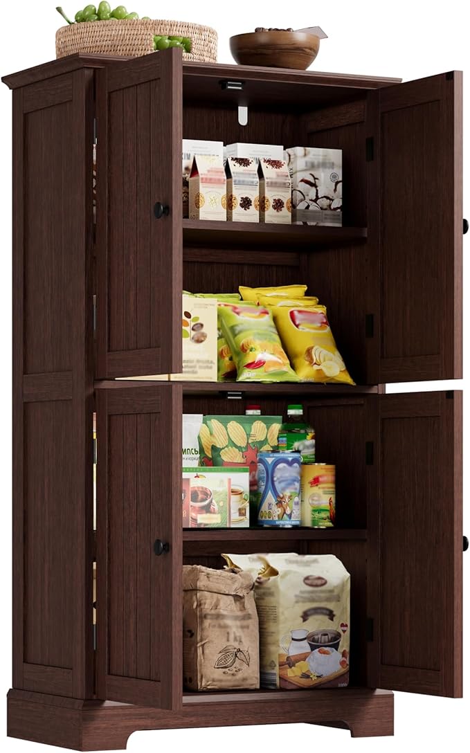 ChooChoo Bathroom Floor Cabinet, Farmhouse Bathroom Storage Cabinet with 4 Doors and Adjustable Shelves, Pantry Cabinet for Living Room, Kitchen, Walnut