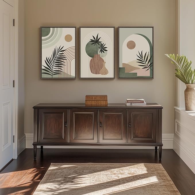 Framed Sage Green Boho Wall Art Bedroom, 3 Piece Neutral Bohemian Botanical