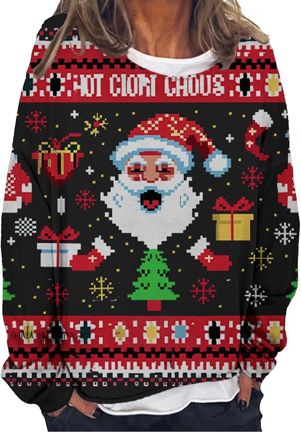 LOAIHA Christmas Shirts for Women Crewneck Snowman Snowflake Santa Graphic Shirts Christmas Tree Long Sleeve Xmas Hoodie