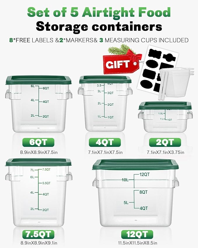 2QT NSF Food Storage Containers: 8 PCS [Food Grade][Hot&Cold Resistant] Commercial Clear Square Food Storage Containers with Scales Handleas for Home Restaurant Kitchen Proof Dough(BPA FREE-GREEN)