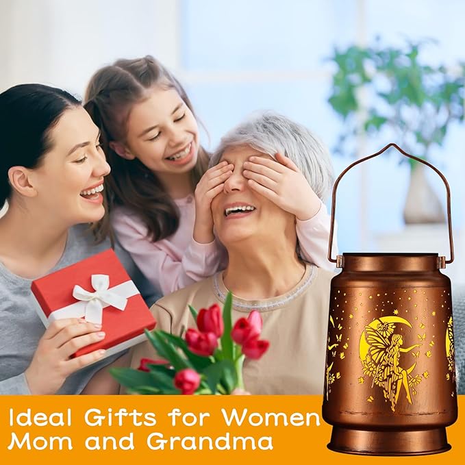 Solar Lantern Outdoor Hanging Waterproof Outside Metal Openwork Hummingbird Pattern Birthday Gifts for Women Mom Landscape Lights for Porch Garden Yard Patio Pathway Decor(Fower Fairy)