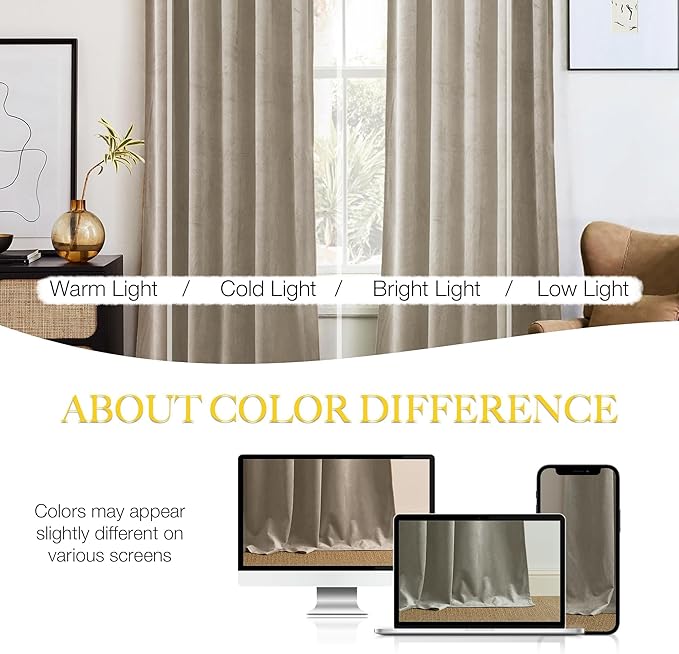 NICETOWN Camel Velvet Curtains 84 Inch Long 52 Wide, Room Darkening Drapes