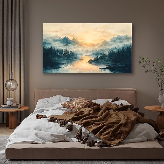 JLXART Landscape Canvas Wall Art Beautiful Lake Mountain Nature Scenic Picture Print Sunrise for Living Room Forest National Park Scenery Artwork Painting Decor,Inner Frame 24x48inch