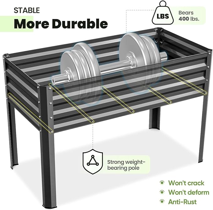 KING BIRD Raised Garden Bed with Irrigation System and Legs Galvanized Elevated Planter Box 48×24×31.5 in for Backyard, Patio, Balcony, 400lb Capacity, Dark Grey