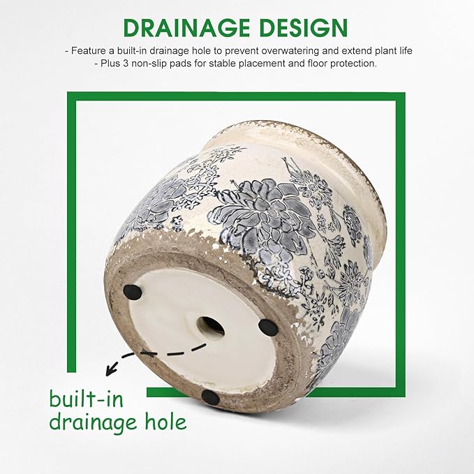 Flower Pots Planters for Indoor Plants Ceramic Plant Pots with Drainage 6.1 Inch Vintage Ceramic Pots for Plants Outdoor Home Garden Decor, Vintage Gray Bloom