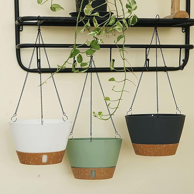 ZMTECH 2 Pack 8 Inch Hanging Planters for Indoor Plants, Modern Gray Hanging Planter with Visible Water Level Window & Removable Tray, Decorative Plant Hanger Indoor for Home Decor