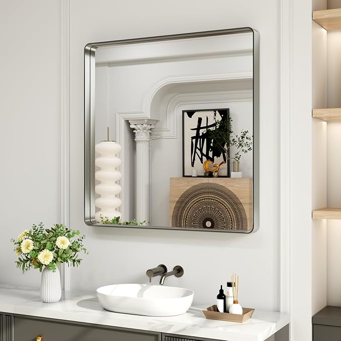 LOAAO 30X30 Inch Brushed Nickel Bathroom Mirror, Rounded Rectangle Silver Metal