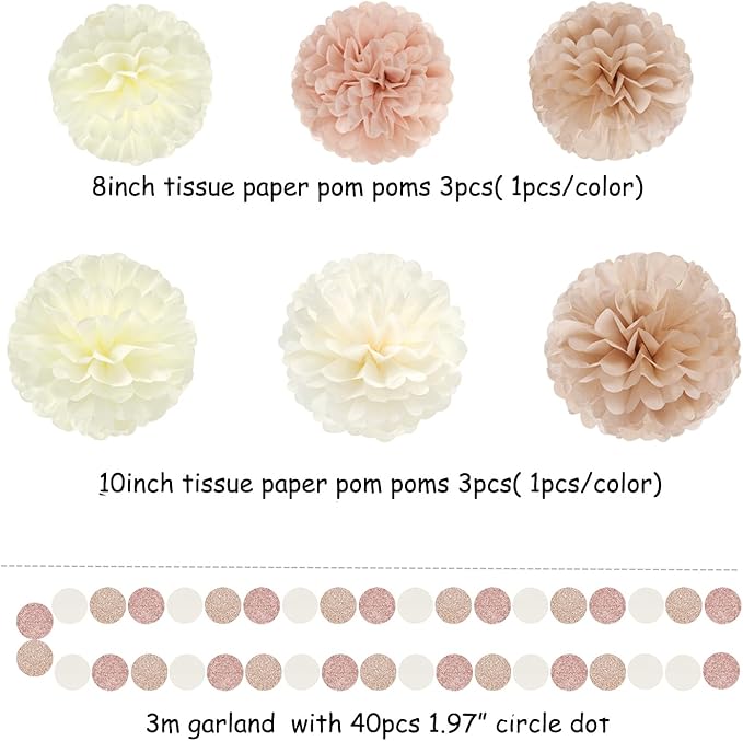 Champagne-Gold Beige Boho Baby-Shower Party-Decorations - 23pcs Fall Rustic Neutral Bridal Wedding Paper Tissue Pom Poms Streamers,Retro Tassel Garland,Girl Birthday Banner Decor Lasting Surprise