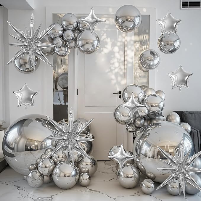 Silver Star Balloon,16Pcs Star Foil Balloons Set with 22Inch Explosion Spike Cone Balloons and 10Inch Quadrangle Helium Balloon for Birthday Wedding Baby Shower Party Decorations