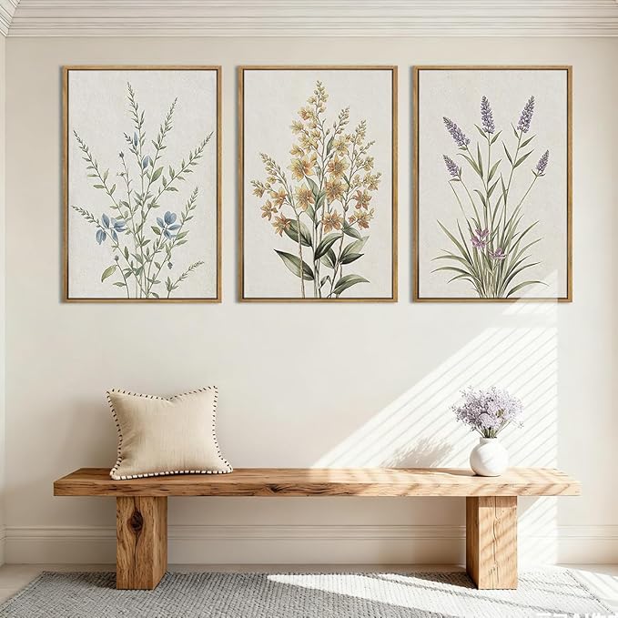 Anyzal Extral Large Botanical Framed Wall Art 24x36 Inch Neutral Floral Canvas Wall Decor Minimalist Beige Wildflower Painting for Living Room Bedroom Dining Room Set of 3