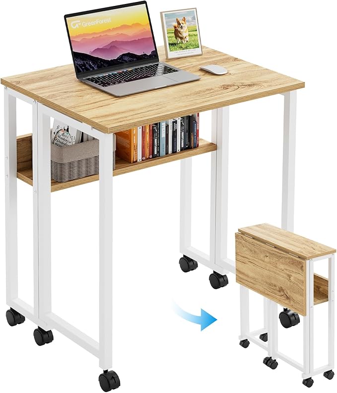 GreenForest Folding Desk Small Rolling Desk with Storage Shelf,24.8 inch Foldable Computer Desk with Wheels for Small Space,Easy Assembly,Oak