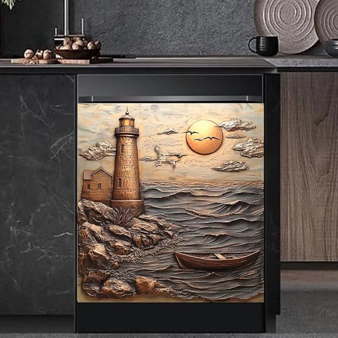 Lighthouse Ocean Scene Kitchen Decor Dishwasher Magnet Cover Decal, 3D Embossed Coastal Sunset Magnetic Dish Washer Panel Door Vinyl Sticker, Refrigerator Magnets,Easy to Clean, 23 x 26 inch