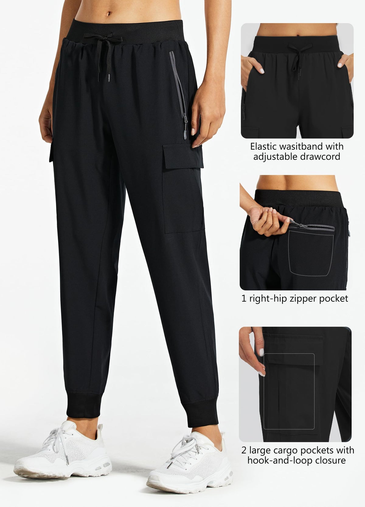 Libin Women's Cargo Joggers Lightweight Quick Dry Hiking Pants Athletic Lounge Casual Travel Petite, Black S