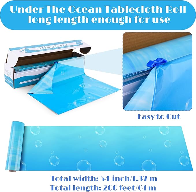 Kochorie 54 Inch x 100 Ft Ocean Waves Plastic Tablecloth Roll in Slide Cutter