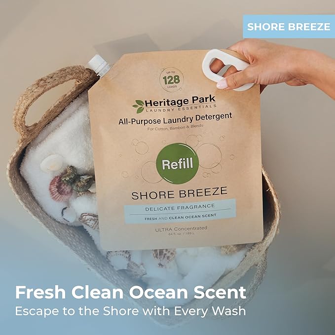 Heritage Park All-Purpose Shore Breeze, Lightly Scented, pH-Neutral Laundry Detergent - Stain-Fighting Enzymes, Ultra Concentrated (64 fl oz Refill Pouch)