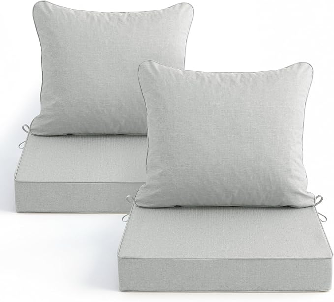 Summsun Patio Cushions for Outdoor Furniture, Faux Linen Water Resistant Backrest and Seat Cushion Set with Non-Slip Bottom, Straps, Removable Cover, 19 x 19 Inch, Light Grey, Set of 2