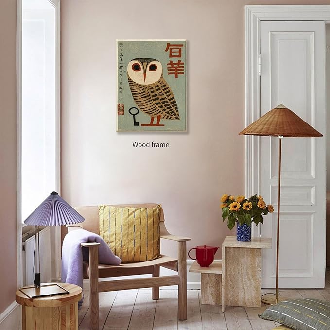 Vintage Japanese Framed Wall Art Owl Poster Mid Century Animal Print 11x14in