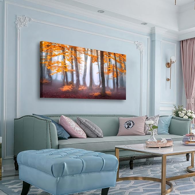 Orange Maple Leaf Tree Canvas Wall Art for Living room Office Bedroom Mist Forest Wall Art Print Paintings Modern Nature Autumn Landscape Pictures Wall Decor Artwork Ready to Hang - 20in * 40inch