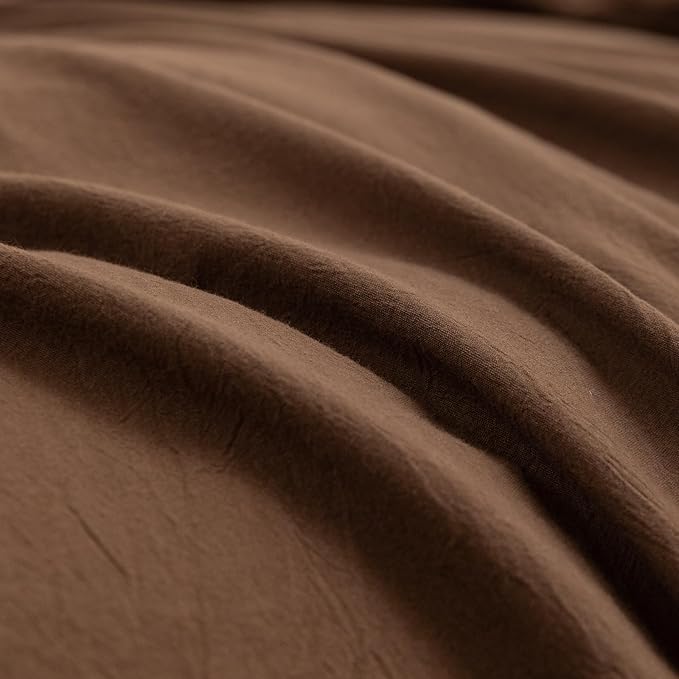 BESTOUCH Duvet Cover Set 100% Washed Cotton Linen Feel Super Soft Comfortable Chic Lightweight 3 PCs Home Bedding Set Solid Cocoa Brown Super Queen