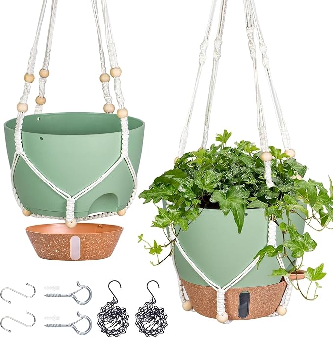10 Inch Hanging Planters for Indoor Plants, 2 Pack Self Watering Hanging Baskets Flower Pots with Drainage Hole, Visual Reservoir & 2 Kinds of Plant Hanger for Home Decor(Green)