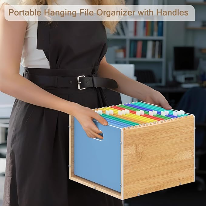 Hanging File Organizer, Clear Acrylic File Box Organizer, Bamboo Filing Box File Crate Organizer Storage Boxes, Portable Filing Folder with Handle for Letter Size