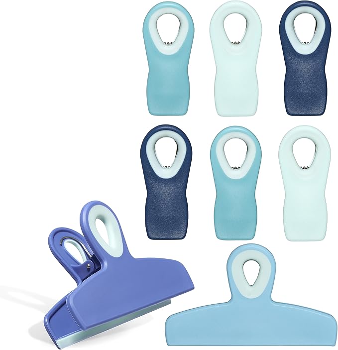 COOK WITH COLOR Bag Clips - Heavy Duty Chip Clip and Refrigerator Magnet Clips for Food Storage with Air Tight Seal Grip, Bright Blue, Pack of 8