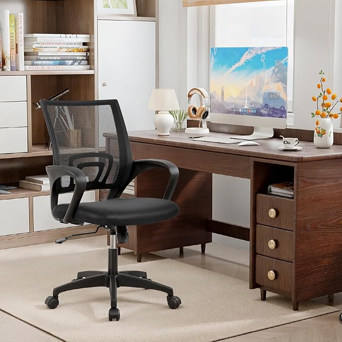 BestOffice | Ergonomic Office Chair | Mid-Back Swivel Desk Chair | Breathable Backrest & Lumbar Support | Adjustable Height | Sponge Seat | Rolling Wheels | Dark Black | for Adults & Women