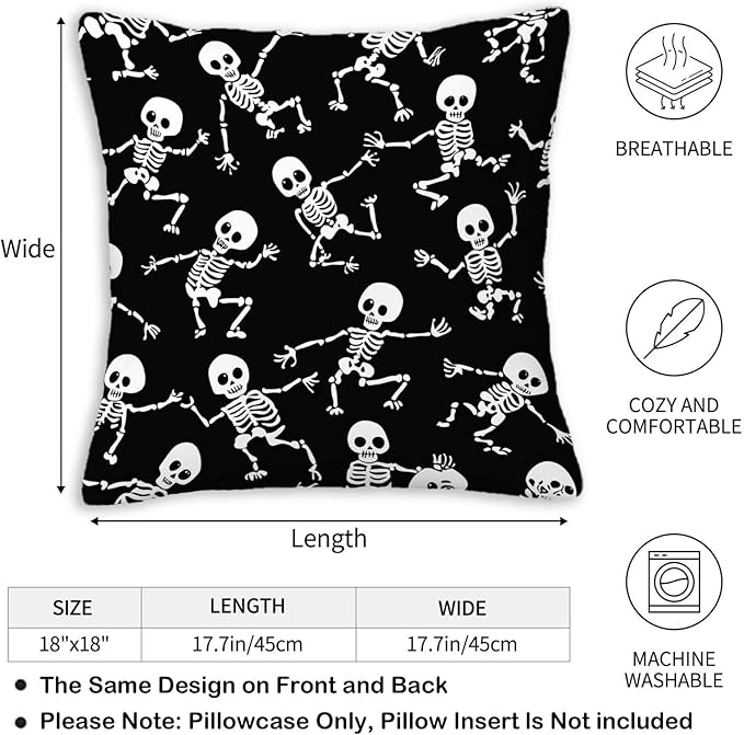Skeleton Throw Pillow Cover 18x18 Set of 2, Halloween Skull Cushion Case for Couch, Sofa, Bed and Living Room, Zipper Closure Pillow Cases, Home Decor for All Seasons