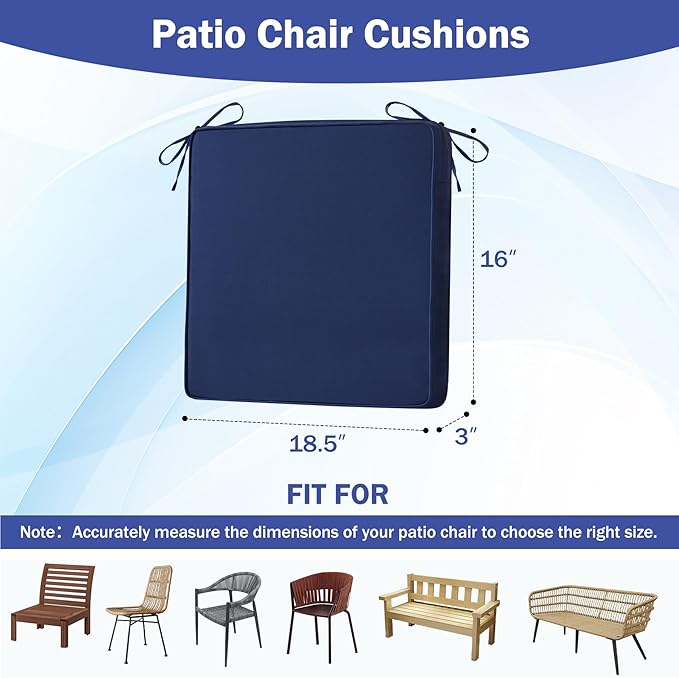 IASEAHK Patio Chair Cushions, 18.5" x 16" x 3" Outdoor Chair Cushions Set of 4, Waterproof Outdoor Cushions for Patio Furniture, Outdoors Seat Cushions Set of 4 with Handle and Ties, Navy Blue