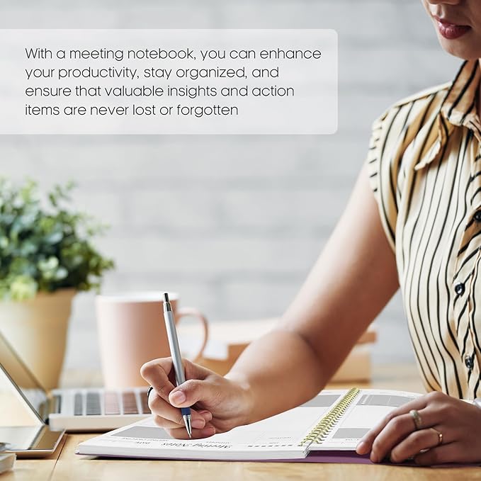 Meeting Notebook for Work Organization - Work Planner Notebook with Action Items, Agenda Planner for Note Taking, 160 Pages (6.9" X 9.9") Project Organizer for Men & Women - Purple