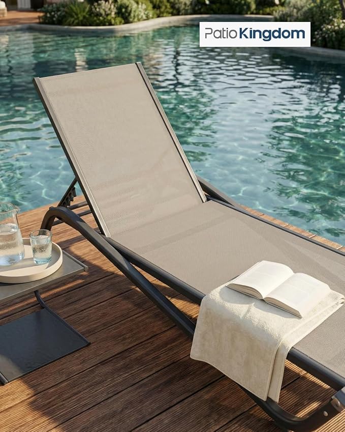 Adjustable Patio Chaise Lounge Chair, Outdoor Pool Lounger for Sunbathing & Tanning, All-Weather Textilene Sun Bed for Beach, Porch & Deck, Rust-Proof Aluminum Frame, Beige