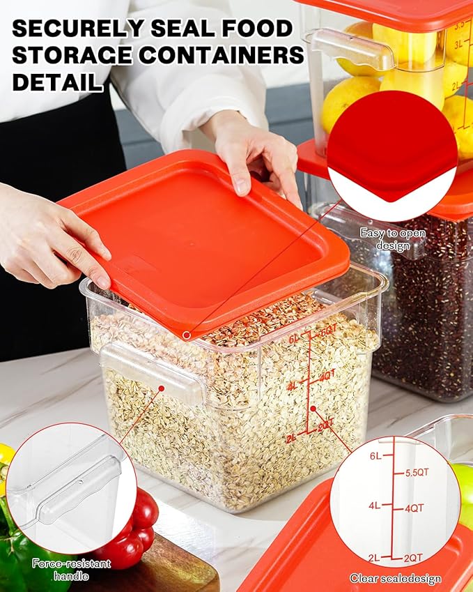 12 Quarts Sous Vide Container: 6 PCS Commercial Food Storage Containers with Lids - Clear Food Container with Scales Handles for Home Restaurant Kitchen Storage Pizza Bread