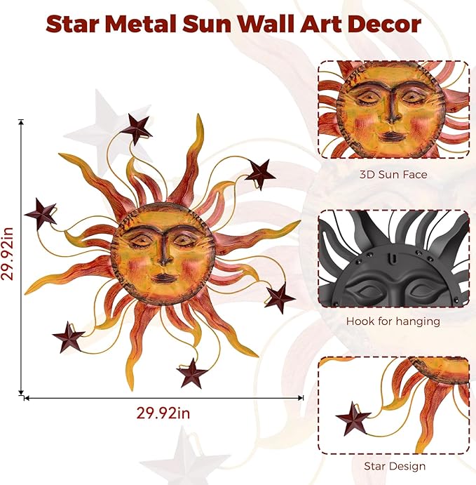 VESTCDF Metal Wall Art Decor Outdoor 30 inch Sun Wall Hanging Decoration for Graden 3D Sun Face Metal Wall for Living Room Garden Yard Patio(Star)