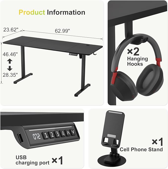 Furmax Electric Standing Desk, 63 x 24 Inches Sit Stand up Desk, Sit Stand Height Adjustable Home Office Desk with 4 Height Position Memory - with Splice Board (Black, 63)