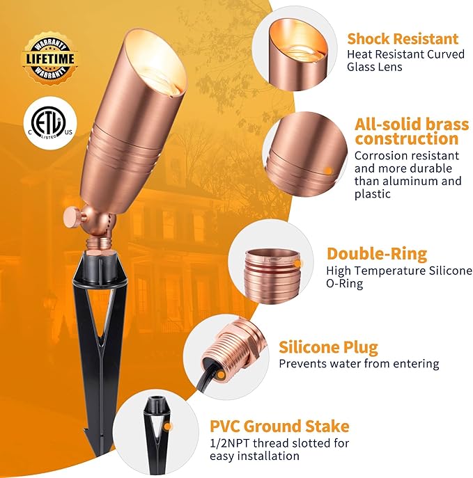 Low Voltage Spot Lights - Solid Brass Landscape Spotlight Wired, 12V Outdoor LED Bullet Uplights, Waterproof Electric Copper for Patio Wall with 2700K Warm White MR16 Bulb (6 Pack)