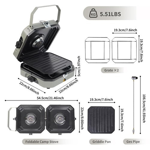 2 Burner Propane Camping Stove with Grill - CloudHand Foldable Camp Stove with 16,000 BTU, Two Adjustable Burners with Piezo Ignition & Easy Carrying Handle Grey