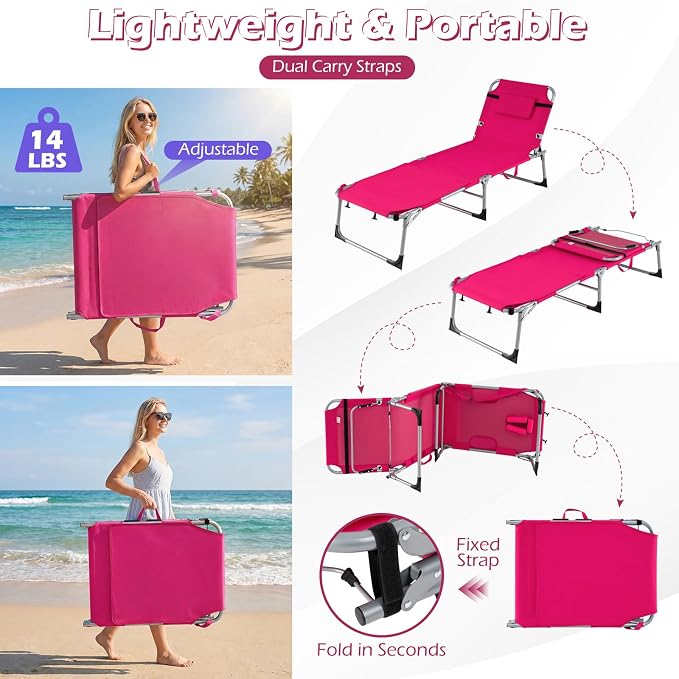 GYMAX Tanning Chair, 330LBS Beach Lounge with Face Arm Hole & Hand Shoulder Strap, Folding Layout Sunbathing Chair, Face Down Outdoor Chaise Lounger for Patio, Poolside, Lawn, Backyard (1, Pink)