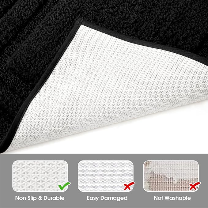 HOMEIDEAS Bathroom Rugs Sets 3 Piece, Super Soft and Absorbent Non Slip Microfiber Toilet Bath Mat with U-Shaped (Black)