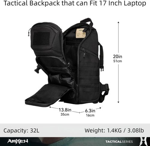 AMHEH 32L Tactical Backpack - MOLLE Design with Suspended 17" Laptop Compartment | Ideal for Work, Travel & Emergencies (Black)