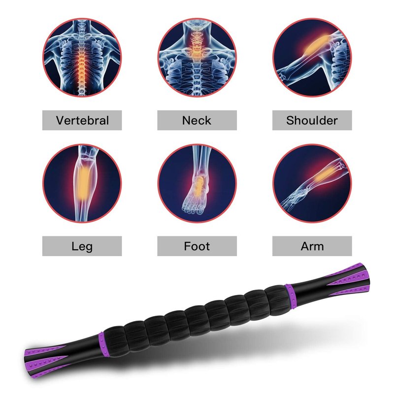 MZDXJ Muscle Roller Massage Roller Stick- Deep Tissue Fascia Blaster for Myofascial Pain Relief, Lymphatic Drainage & Body Sculpting, Handheld Physical Therapy & Recovery Tool (Purple Black-18 inch)