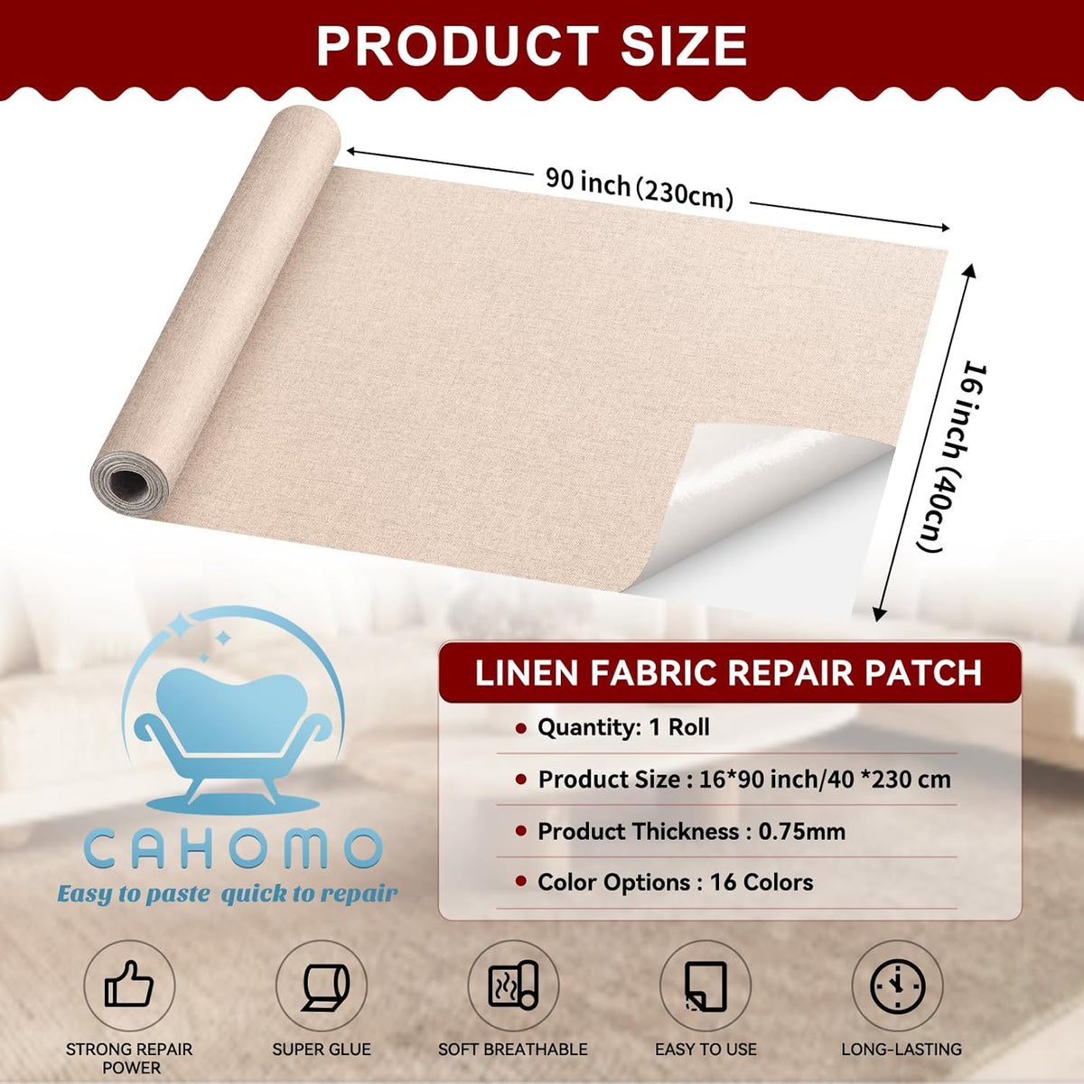 Linen Repair Tape 16x90 inch, Self Adhesive Fabric Patches, Linen Patch Tape Kit, Fabric Repair Tape for Couch Sofas, Headboards, Chairs, Pillows, Curtains, Couches - Navy Blue