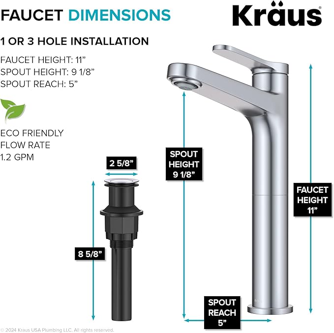 KRAUS Indy Bathroom Faucet for Vessel Sink in Chrome with Single Handle, Pop Up Drain and Supply Lines, KVF-1410CH