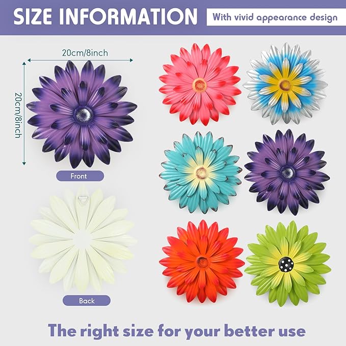 Zhehao 6 Pcs Metal Flower Wall Art Decor 8 Inch Sunflower Wall Decorations Hanging Outdoor Art Multicolored Handmade Metal Flowers Outdoor Decor(Vivid Color)