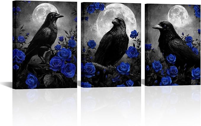 LevvArts Crow Canvas Wall Art Gothic Crow with Rose Painting Spooky Pictures Bathroom Bedroom Wall Decor (Blue)