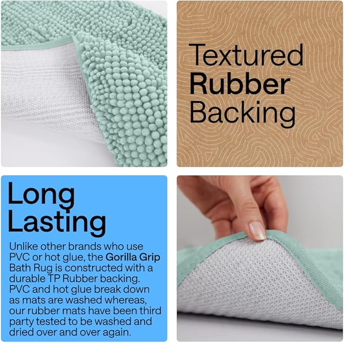 GORILLA GRIP Bath Rug Mat 30x20, Thick Soft Absorbent Chenille, Quick Dry Microfiber Mats, Rubber Backing Washable Shower Floor Rugs, US Designed Bathroom Bathmat Home Decor Accessories, Seablue