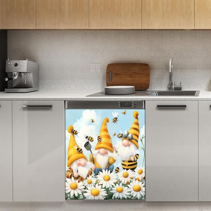 Dishwasher Magnet Cover Cartoon Bee Gnome Daisy Reusable Dishwasher Magnetic Cover Sticker Decorative Dish Washer Door Cover Panel for Home Kitcen Appliance, 21x26 in