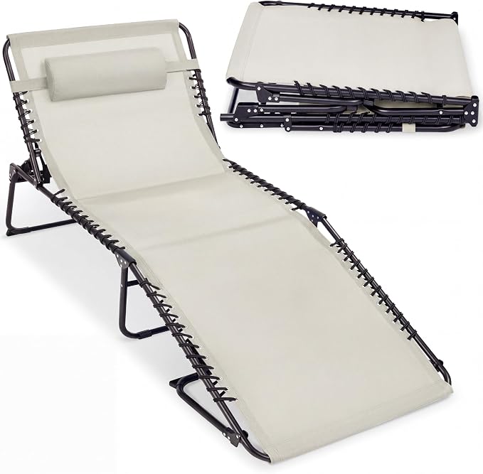 Best Choice Products Extra Wide Patio Chaise Lounge Chair, Portable Outdoor Folding Recliner for Lawn, w/ 8 Positions, Handles, 440lb Capacity - Ivory