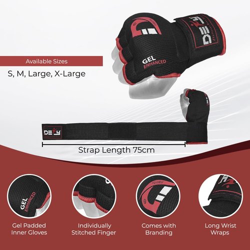 DEFY Padded Inner Gloves - Gel Padded Knuckle Protection for Boxing & MMA - 75cm Long Strap Pair