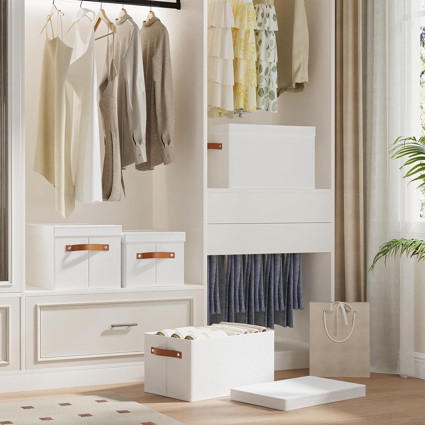 Fabric Storage Bins, Clothes Boxes for Shelves with Lids, Baskets for Organizing with Handles, Decorative Linen Closet Organizers, White, 5 Pack, 15 x 9.8 x 8.3 Inch